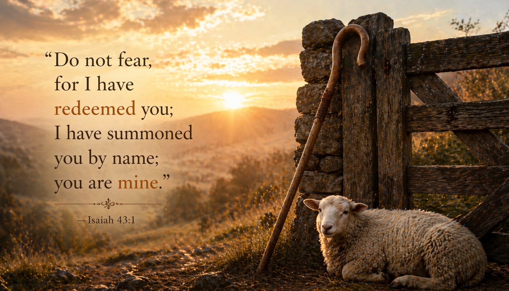 Isaiah 43:1 Bible verse wallpaper shepherd crook against gate with resting sheep at dawn - you are mine